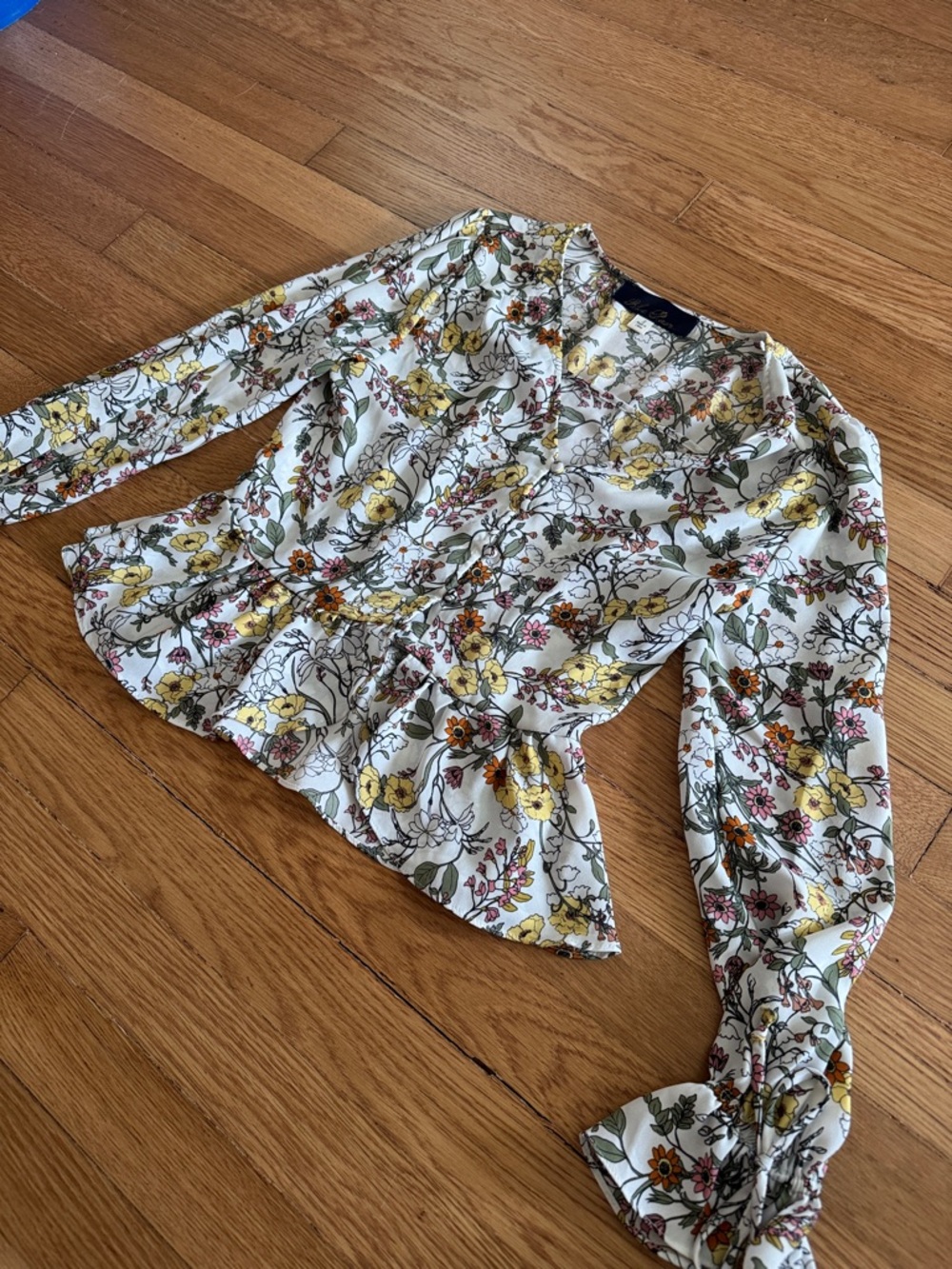 Blue Rain Yellow Floral Peplum Long-Sleeve Blouse